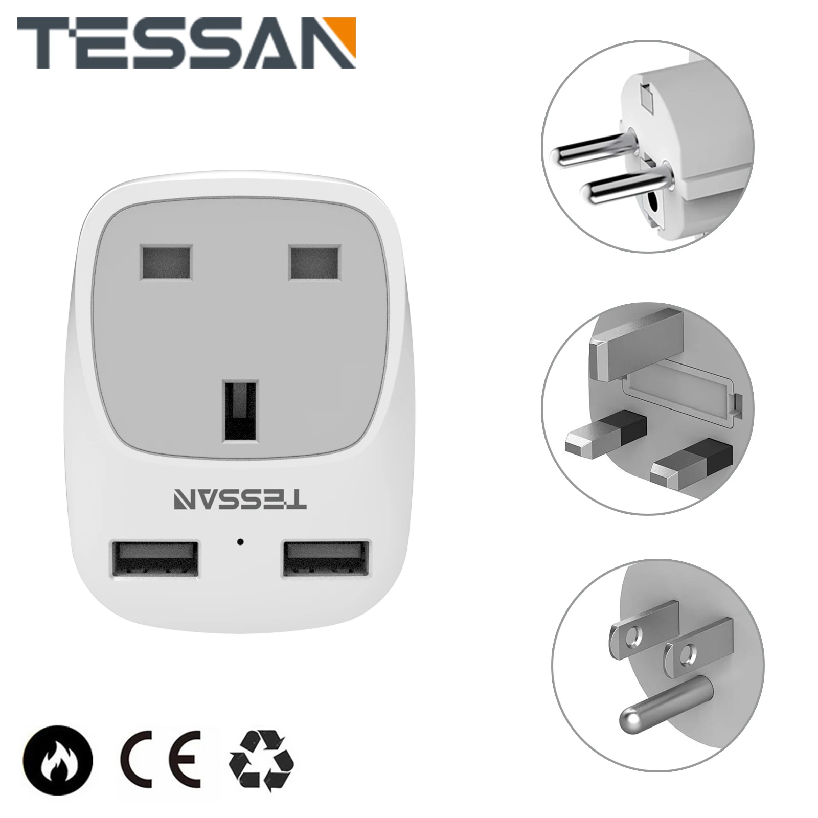 TESSAN UK to EU/US Travel Plug Adapter with 2 USB Ports (2.4A), 3 in 1 Wall USB Charger with Overload Protection for Home/Travel