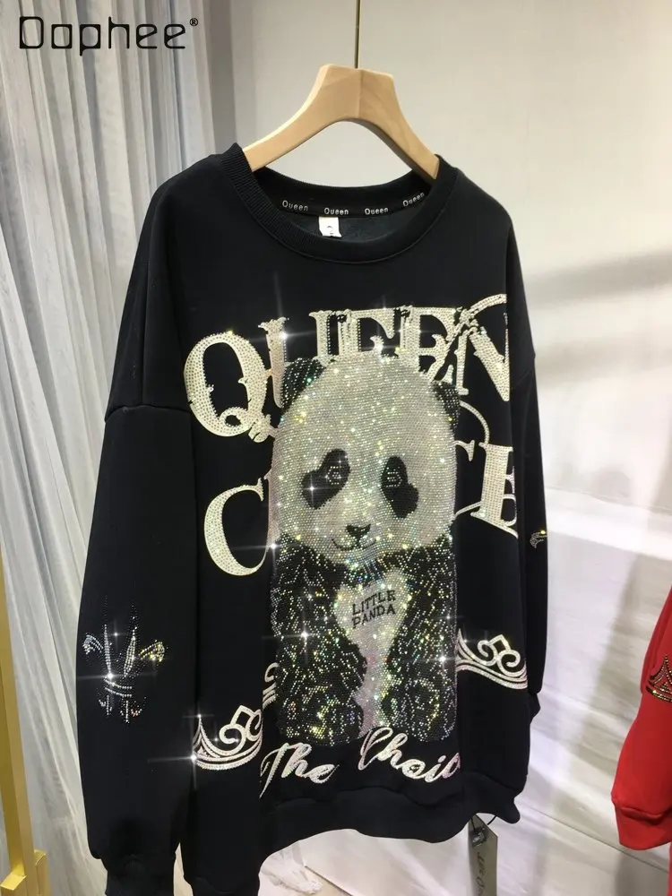 Velvet Padded Thickened Sweatshirt Heavy Embroidery Hot Drilling Cute Cartoon Round Neck Loose Large Top Autumn and Winter New