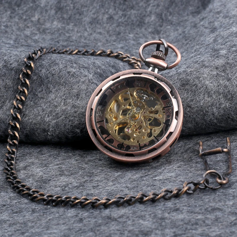 Luxury Gold Mechanical Pocket Watch for Men Women Hollow Skeleton Transparent Dial Roman Numerals Number Fob Chain Pendant Clock