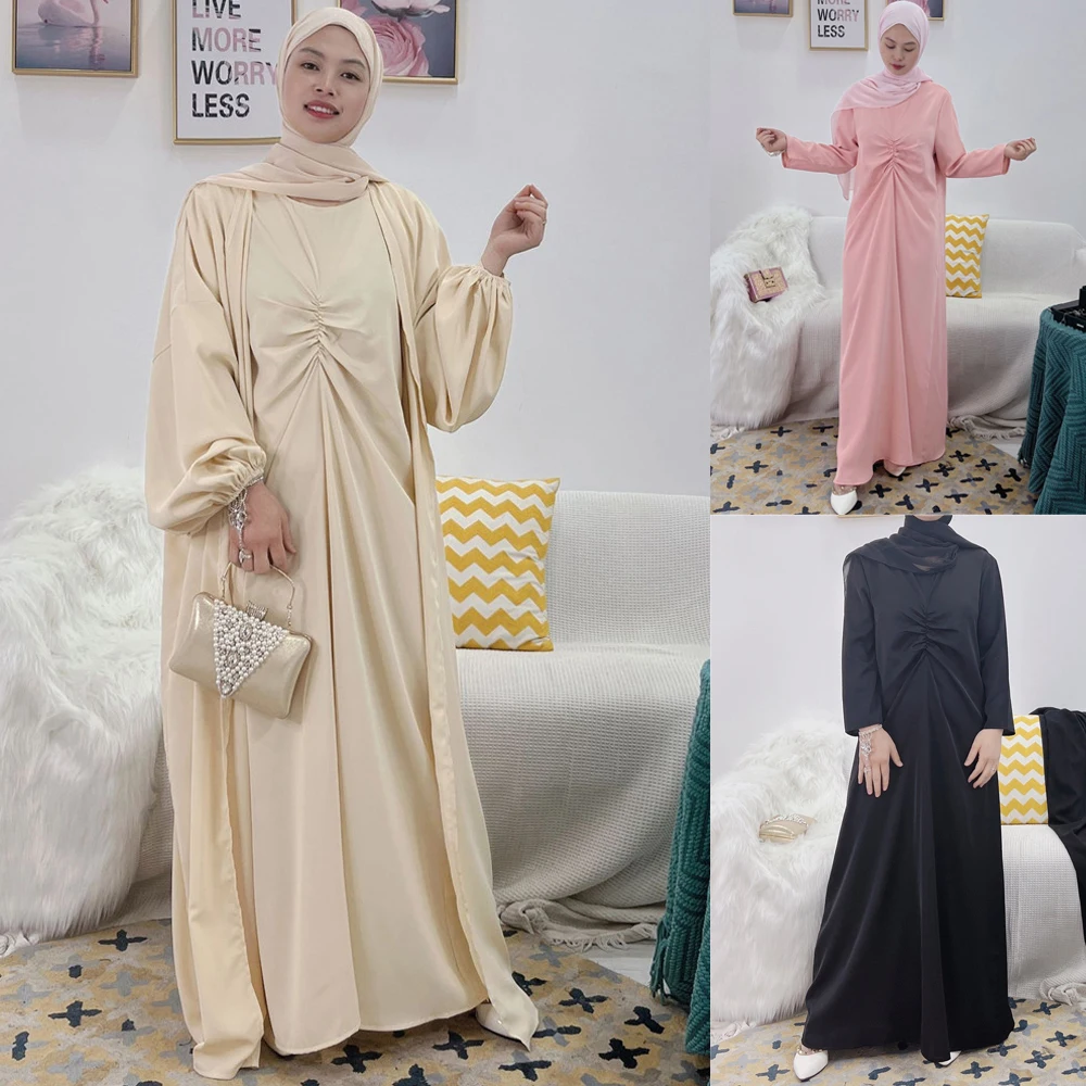 

Новинка, набор для женщин Abaya s Aid, мусульманский Дубай, арабский скромный наряд, кимоно, открытая абайя, макси, хиджаб, платье Рамадан, вечевеч...