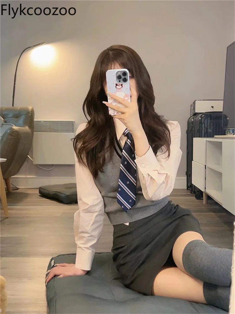 

Flykcoozoo 3 Pieces Suit Knitted Vest Shirt Skirt Women Suit Gray Preppy Style Ladies Suits Spring 2022 Students Korean Fashion