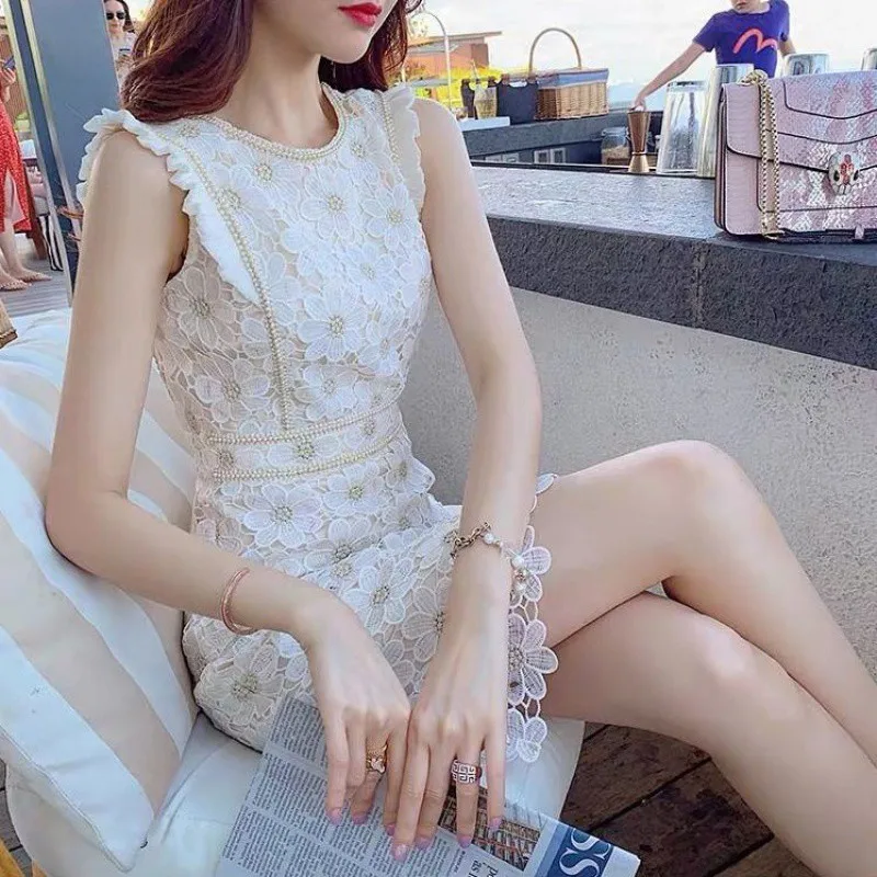 

Korean Style Streetwear Elegant Lace Dress 2023 Sleeveless Hollow Out Mini Party Dresses Women Summer Chic Solid Color Vestidos