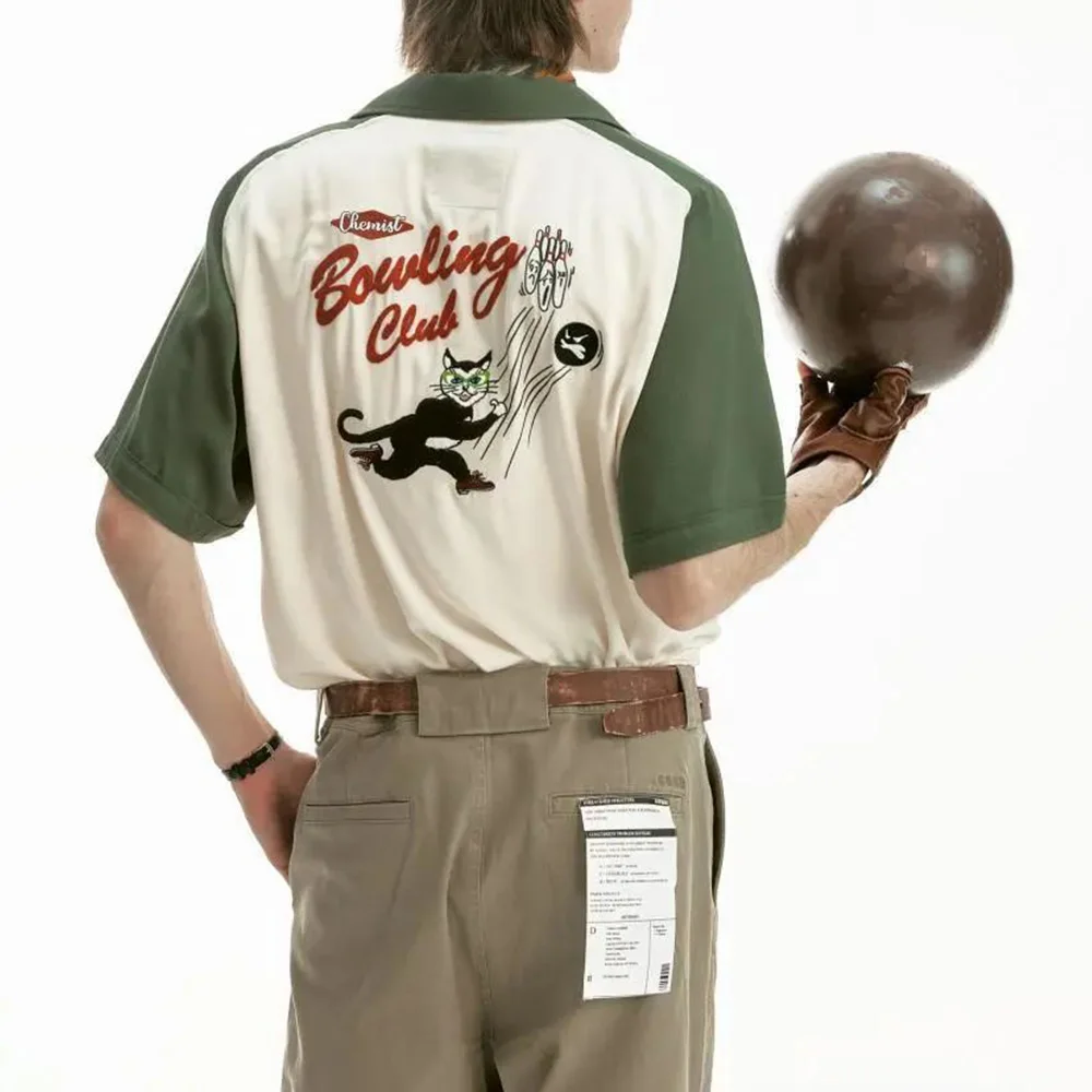 Мужская рубашка в стиле ретро Y2k с вышивкой и цветными блоками для боулинга