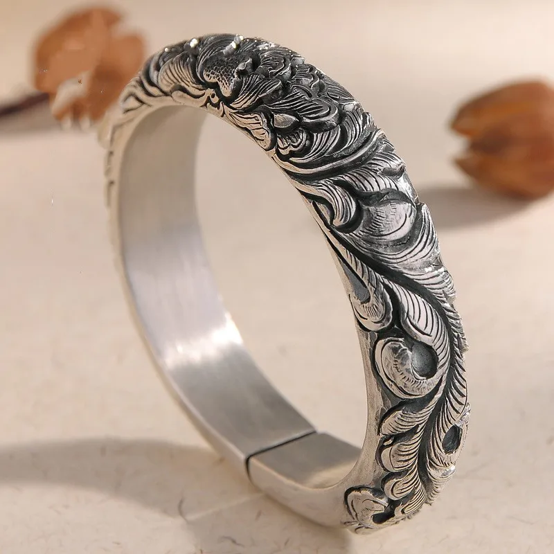 

Vintage Personalized Fashion Peony Bracelet Unisex Silver Color Aggressive Open Bracelet Banquet Jewelry Accessories Gift