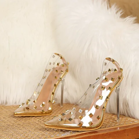 Eilyken уличный стиль, женские туфли-лодочки на тонком высоком каблуке, дизайнерские прозрачные туфли из ПВХ с заклепками, элегантные сандалии для выпускного вечера для стриптиза