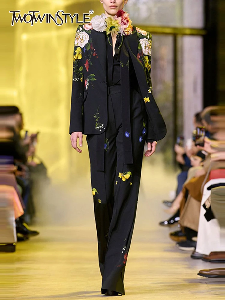 

TWOTWINSTYLE Floral Print Casual Two Piece Sets For Women Lapel Long Sleeve Blazer High Waist Pant Vintage Chic Set Female 2023