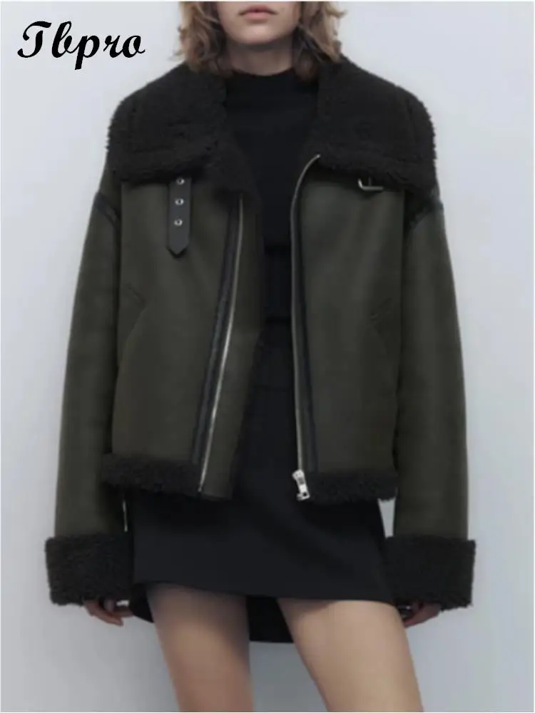 

Vintage Lapel Warm Lambswool Women Jacket Lady Long Sleeves Zip Motorcycle Jackets 2022 Autumn Winter Patchwork Warm Heavy Caot