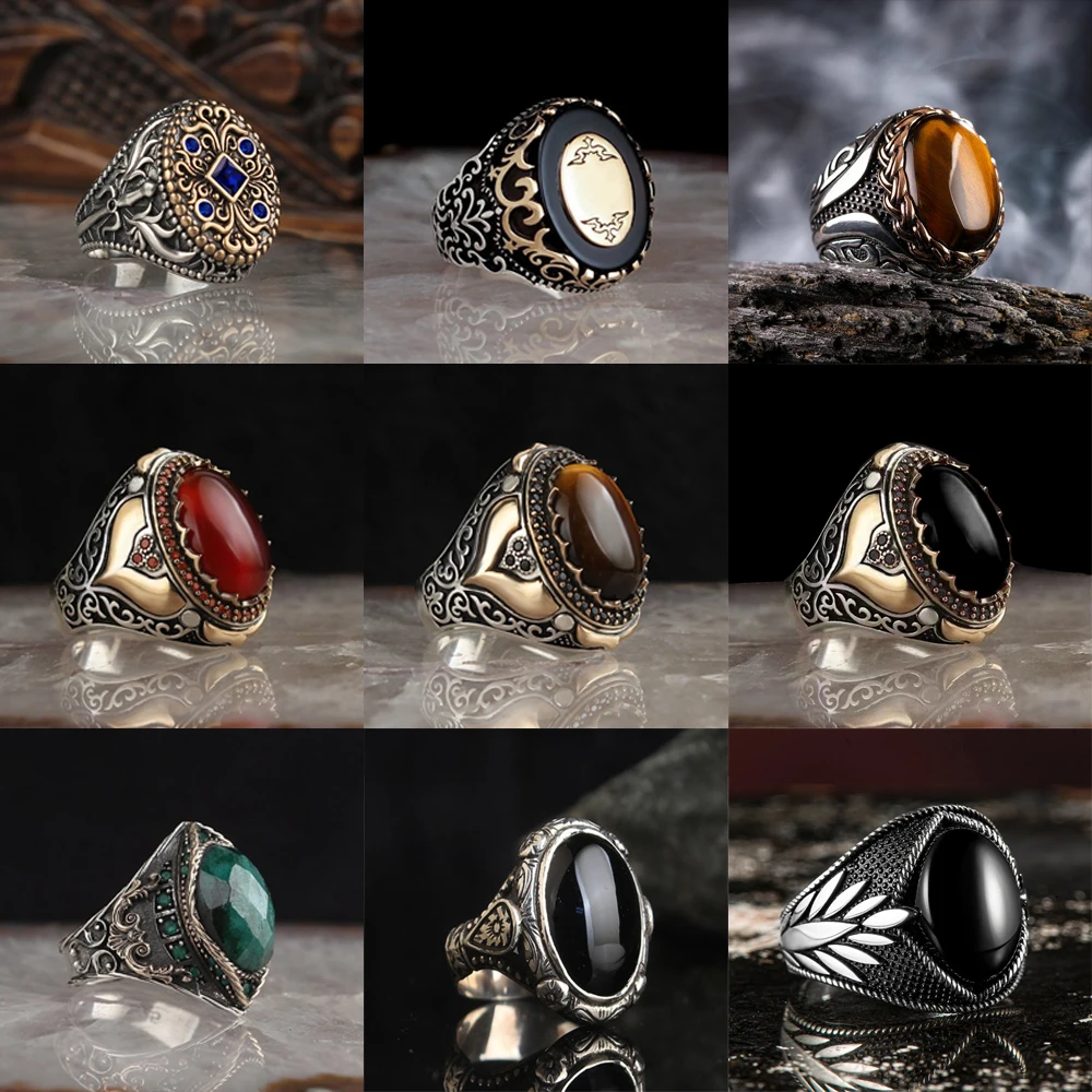 

New Retro Turkish Handmade Silver Color Men Rings Vintage Carved Eagle Pattern Black Zircon Stone Rings 2022 Punk Muslim Jewelry