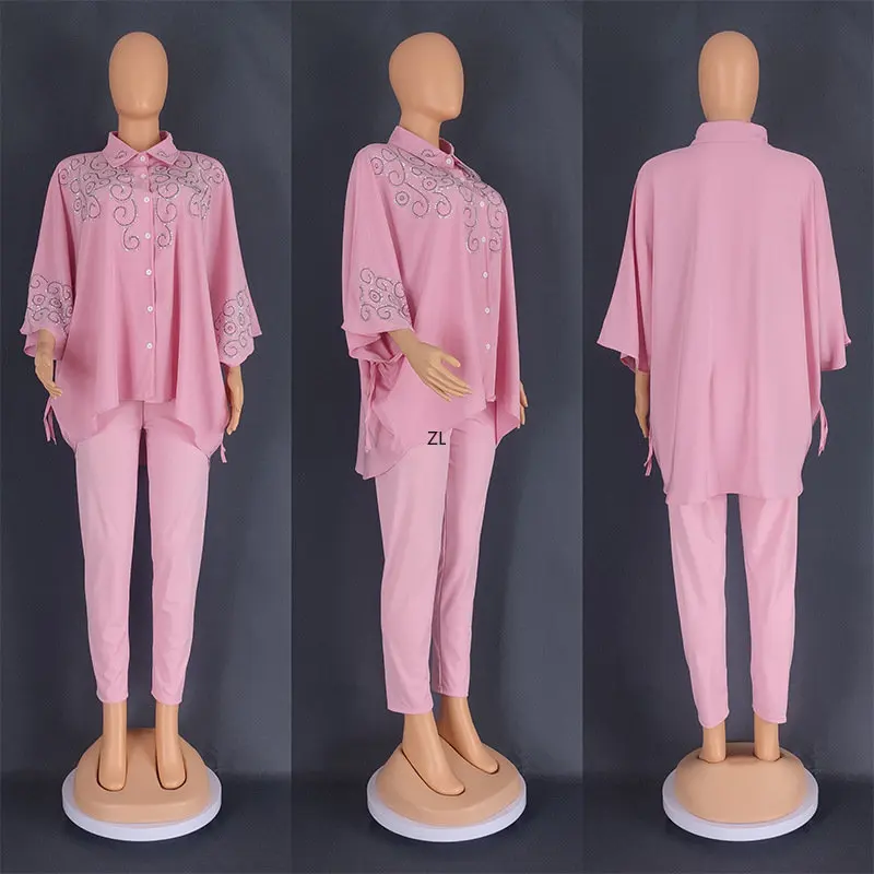 Two Piece Set Diamonds Three Quarters Sleeve Blouse Tops And Pant Suits Summer Autumn Women Set Sheath Matching Fashion Outfit