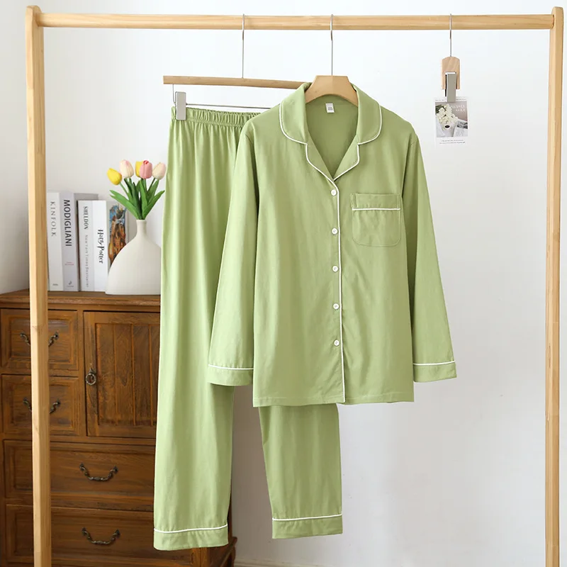 2023 New Spring/Summer Pajama Set Women's 100% Cotton Knitted Solid Color Large Size Long Sleeve Pants Two Piece Home Suit
