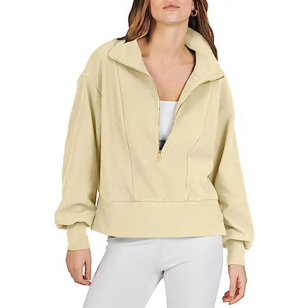 

Zipper Neckline Sweatshirt Autumn Streetwear Women's Loose Fit Pullover Tops with Large Lapel Zipper Neckline Solid Color Long