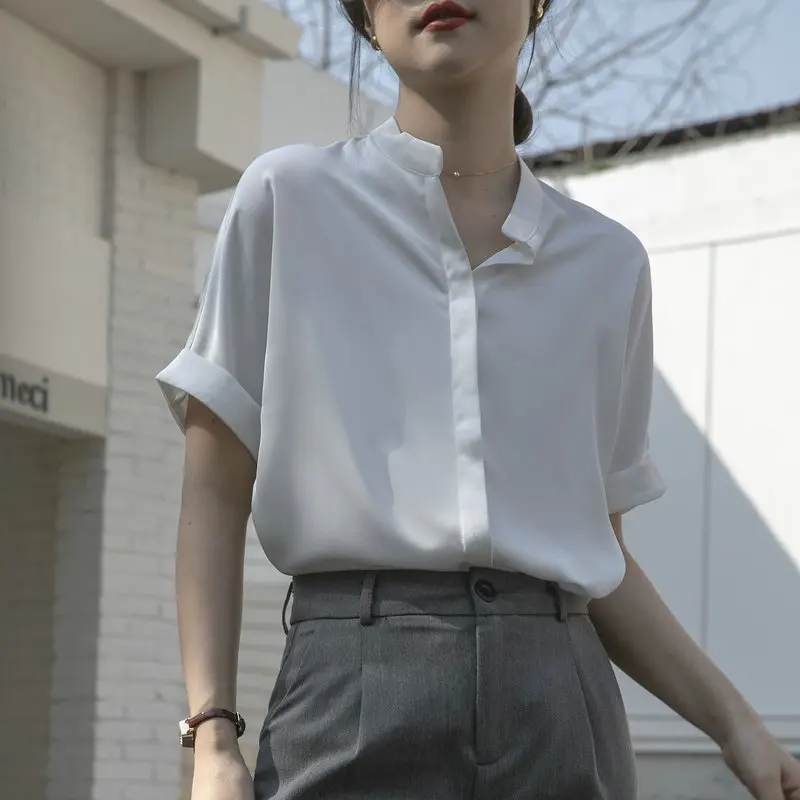 

Fashion White Satin Shirts Woman 2022 Summer Casual Loose Blouse For Women Elegant Short Sleeve Office Top Female CL26