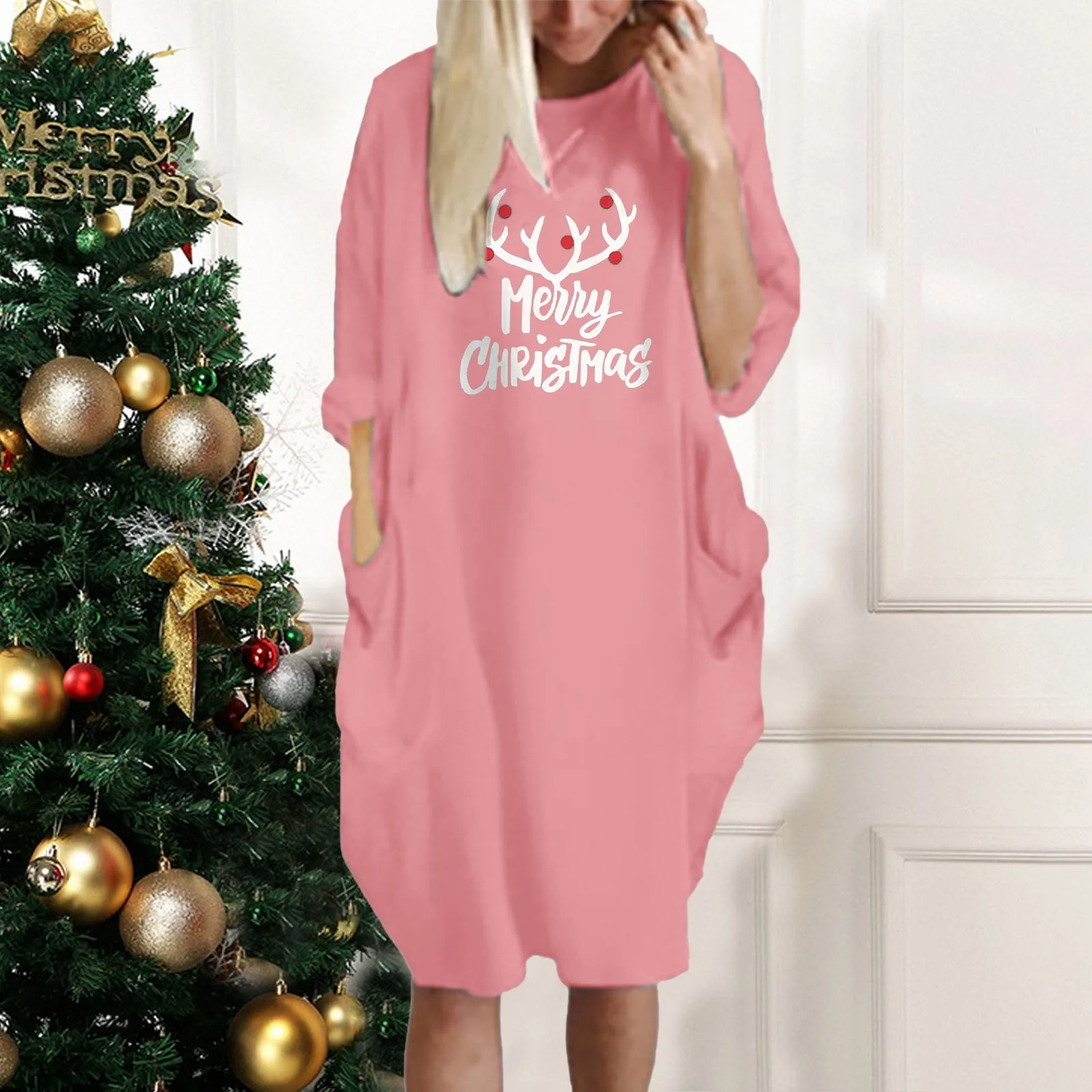 

Womens Christmas Print Long Sleeve Loose Pocket Oversize Tunic Soft Elastic Dress