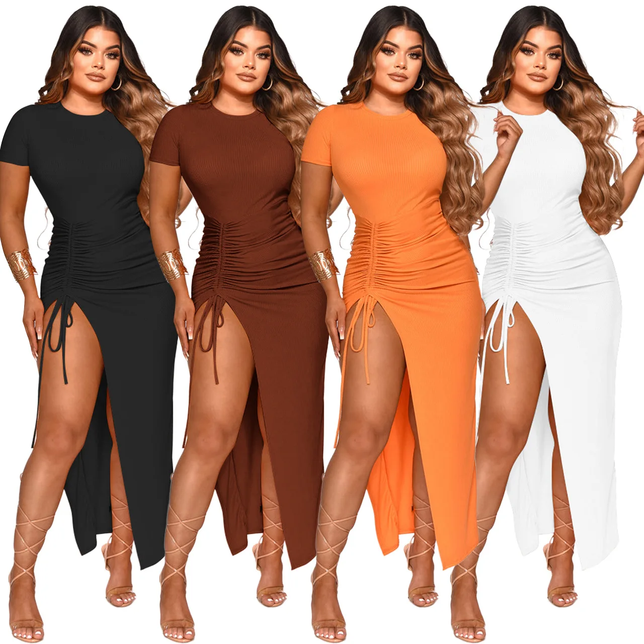 

2022 new women's dress thread pleated slit medium length dresses women vestido feminino