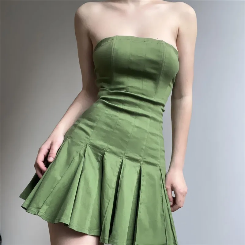 

2022 Sundress Beach Club Pleated Summer Slash Neck Green Stitching Peplum Trends Elegant Casual Holiday Party Dresses