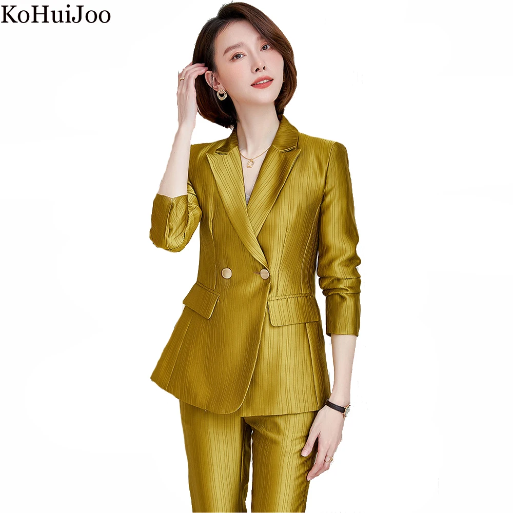 KoHuiJoo S-4XL Plus Size Blazer Suit Women And Pants 2022 Formal Ladies Long Sleeve Slim Double Breasted Business Office Set