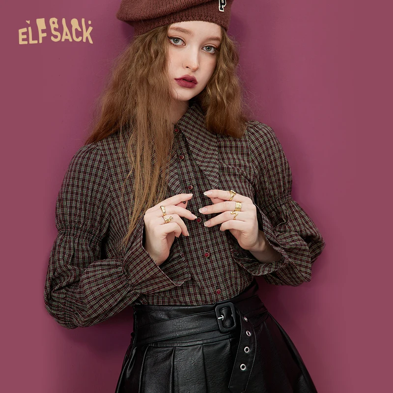 

ELFSACK French Pointy Collar Vintage Long Sleeve Shirt Women 2022 Autumn/Winter Basic Tops