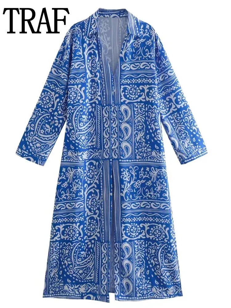 

TRAF Print Kaftans for Women Boho Long Dress Women Summer Loose Maxi Woman Dresses Long Sleeve Patchwork Casual Female Dress