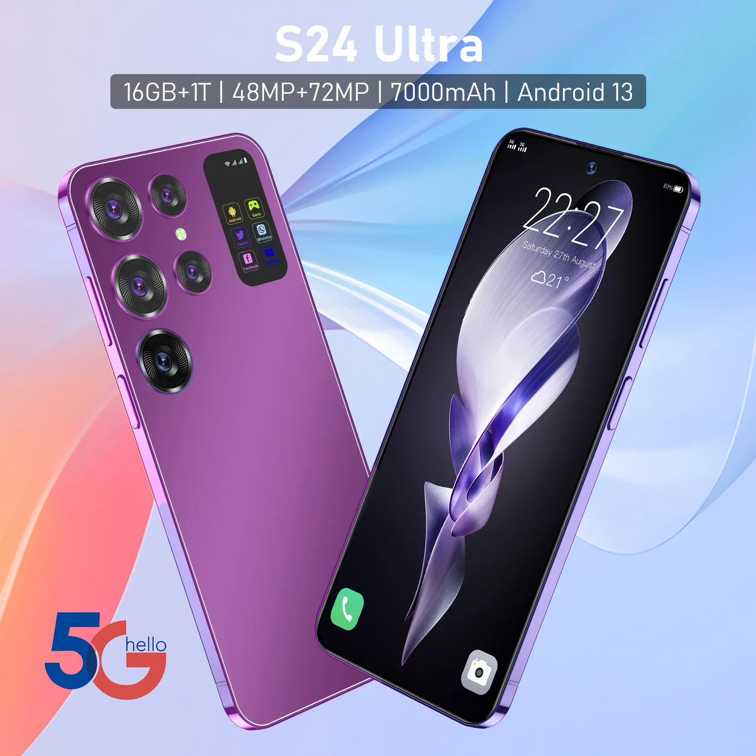 Фото Оригинальный смартфон S24 Ultra, Qualcomm8 Gen2 16 ГБ + 1 ТБ 7000 мАч 48 + 72 МП, две SIM-карты, двойной режим ожидания, стандартная версия Android 13 №1
