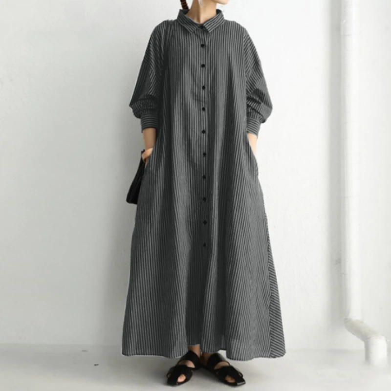 

Элегантный свободный халат с лацканами, Женский Осенний сарафан 2022, литературное повседневное Макси-платье с длинным рукавом, женское платье-рубашка в полоску