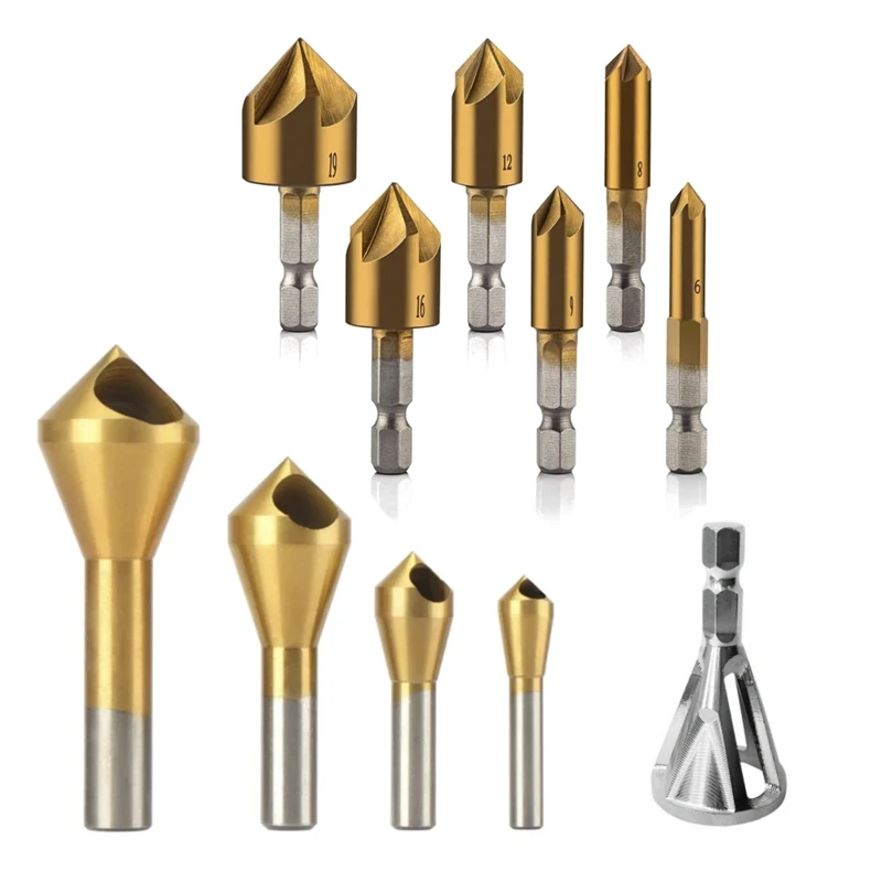 

11Pcs Titanium Coating Countersink Drill Bit Set 5 Flutes Chamfer Drill Deburring Bit External Deburring Drill Bit