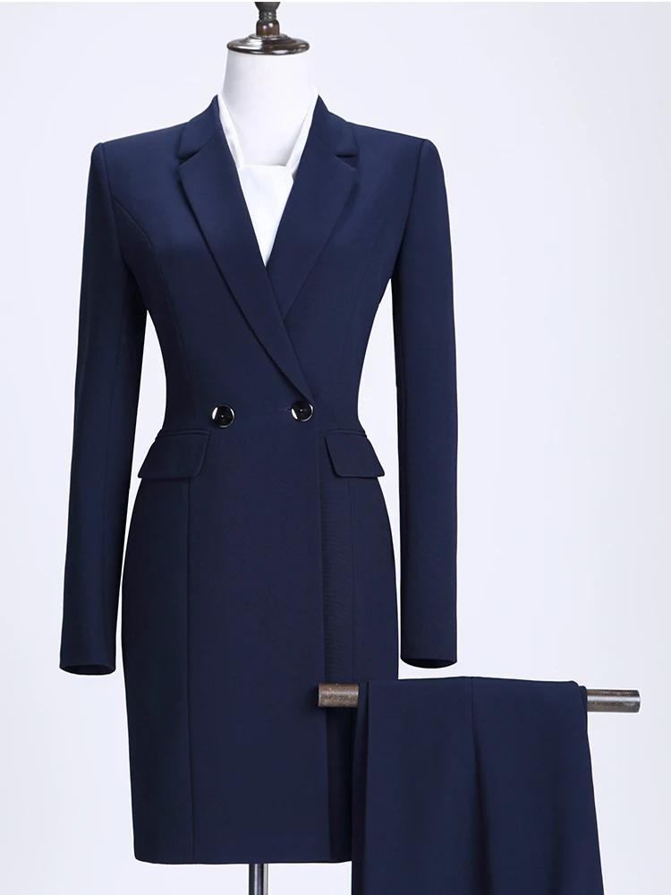 Women Pant Suit Work Business Wear Wine Blue Black Slim Waist Long Blazer Set Elegant Jacket and Trouser 2 Pieces