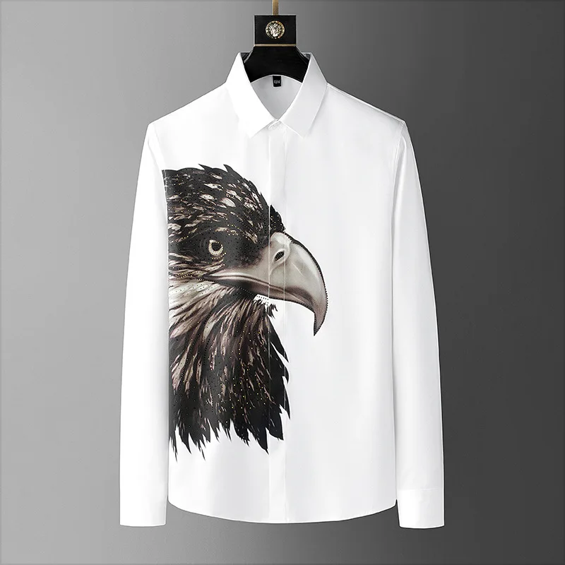 Luxury Rhinestones Shirts for Men 2022 Long Sleeve Eagle Print Slim Casual Shirt Streetwear Social Party Tuxedo Camisa Masculina