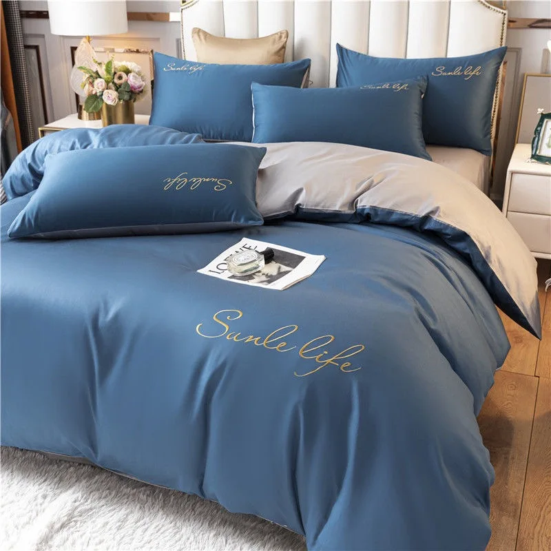 

Solid Color Embroidery Bedding Set Solid Color Luxury Bedding Polyester Duvet Cover Set King/Super King Size Bed Set 4pcs