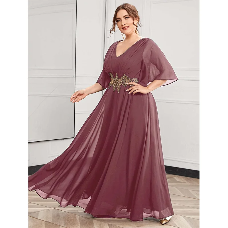 Plus Size 2023 4XL 5XL Chiffon Flower Patch V Short Sleeve Dress Wedding Loose Luxury V Neck Lace Plus Size Dress Women Summer M
