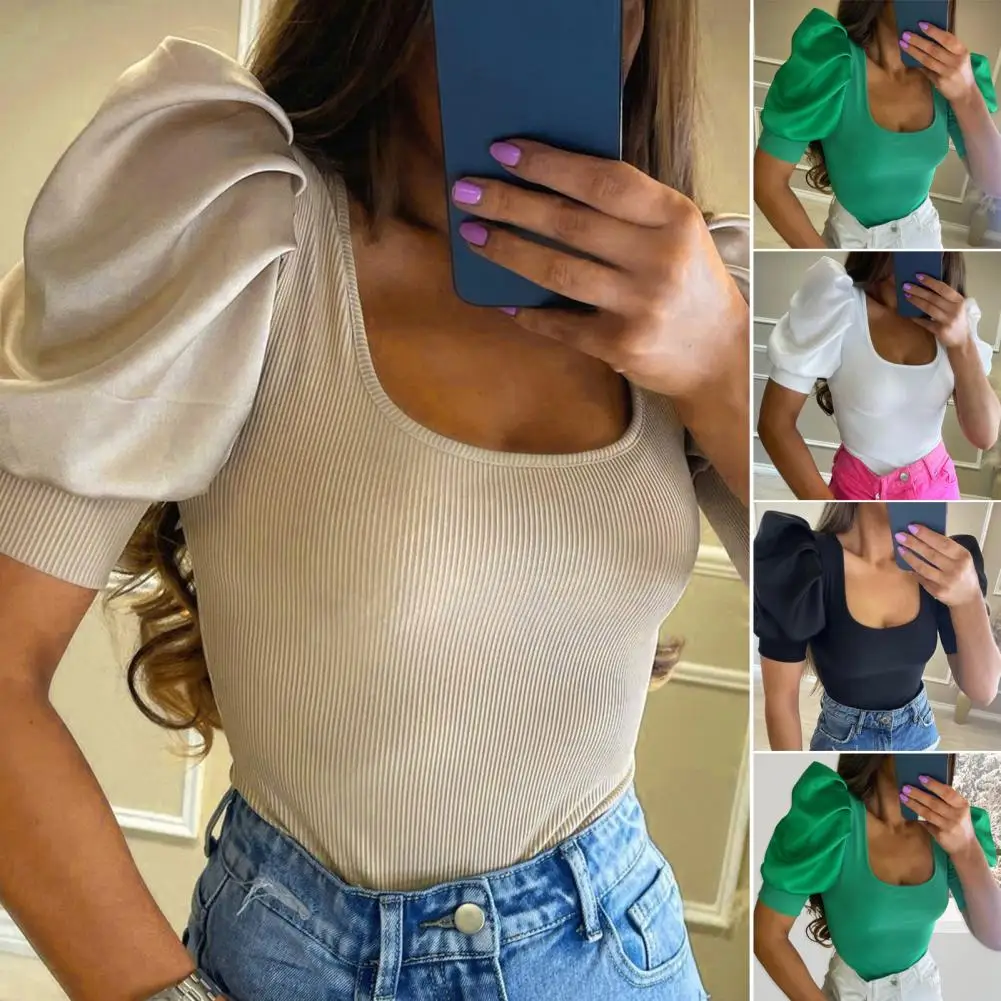

Stitching Design Soft Texture Simple Scoop Neck Women Chiffon Top Female Clothes