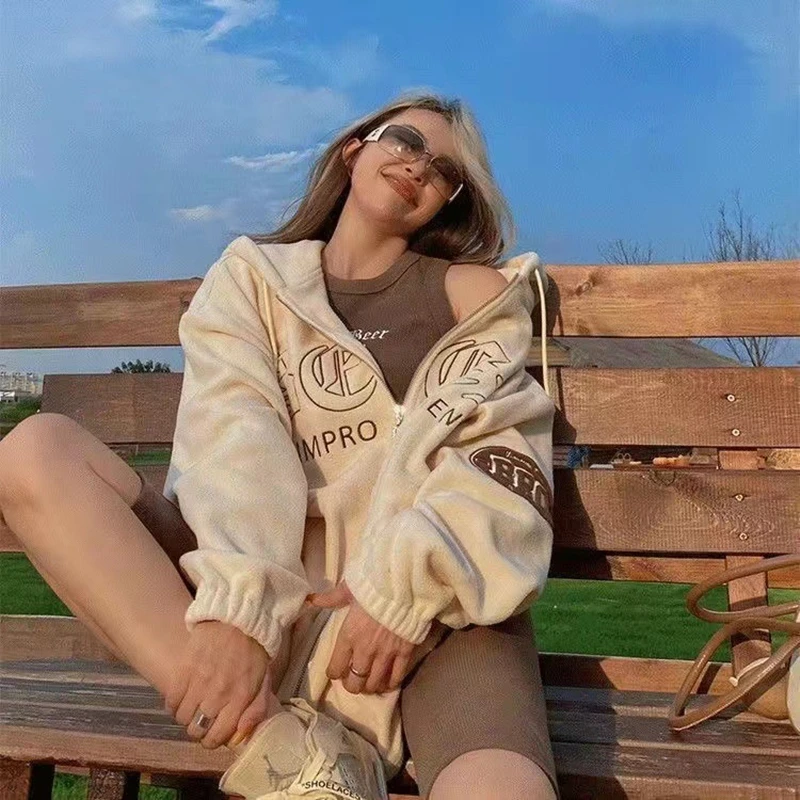 

Fashion New Sweater Ins College Style Japanese European Fashion Letters Loose Velvet Thickened Hooded Jacket