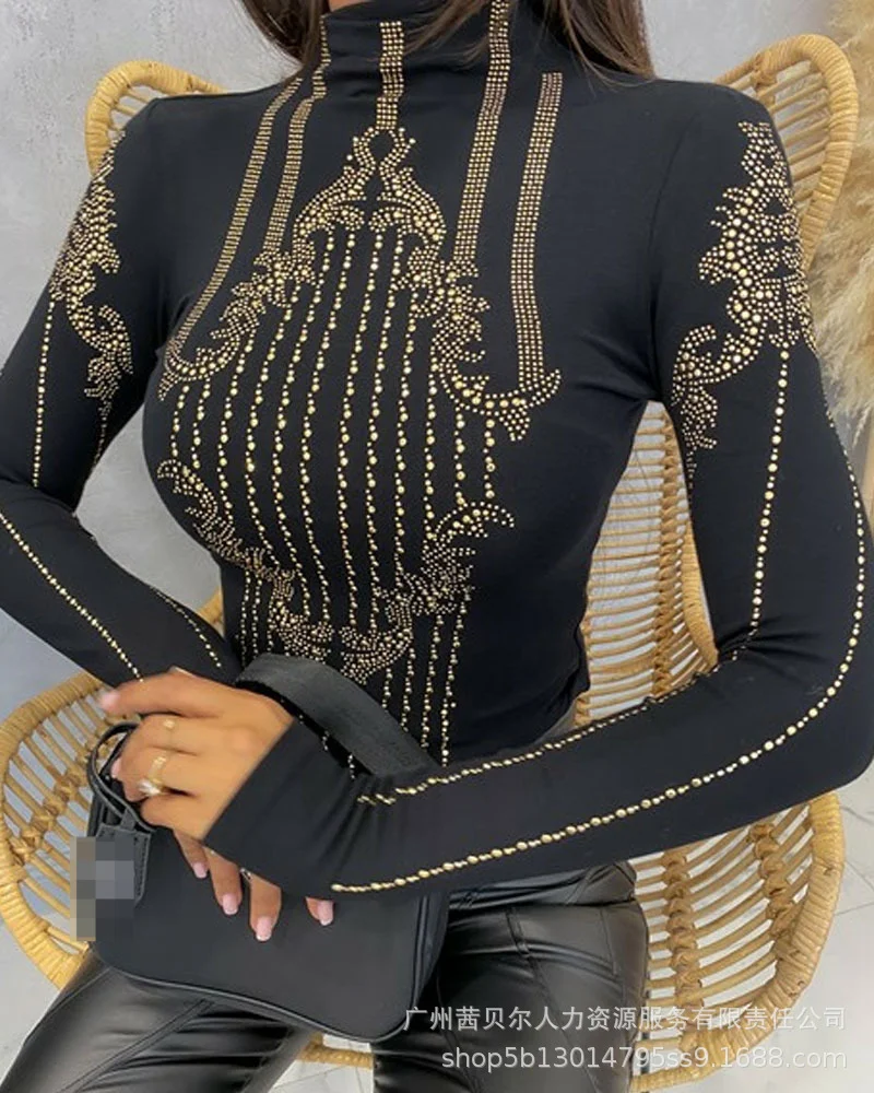 

Ladies Office Casual Fall Long Sleeve Tops 2021 Fashion Hot Rhinestone Slim Tights Half High Neck Black Sexy Bottoming Shirt
