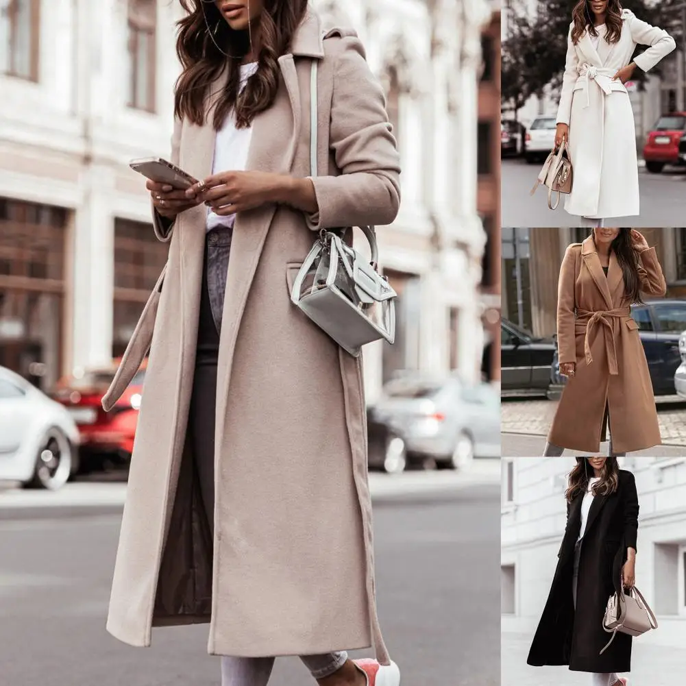 

Popular Overcoat Long Women Oversize Coat Lapel Solid Color Belt Long Coat All Match