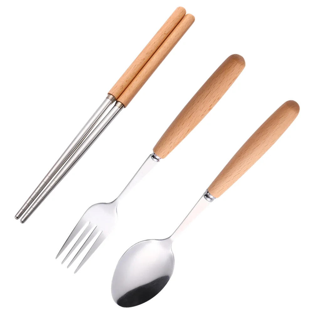 

1 Set Tableware Stainless Steel Cutlery Set Wooden Handle Cutlery Fork Spoon Chopstick Kit for Store Shop Hotel Home