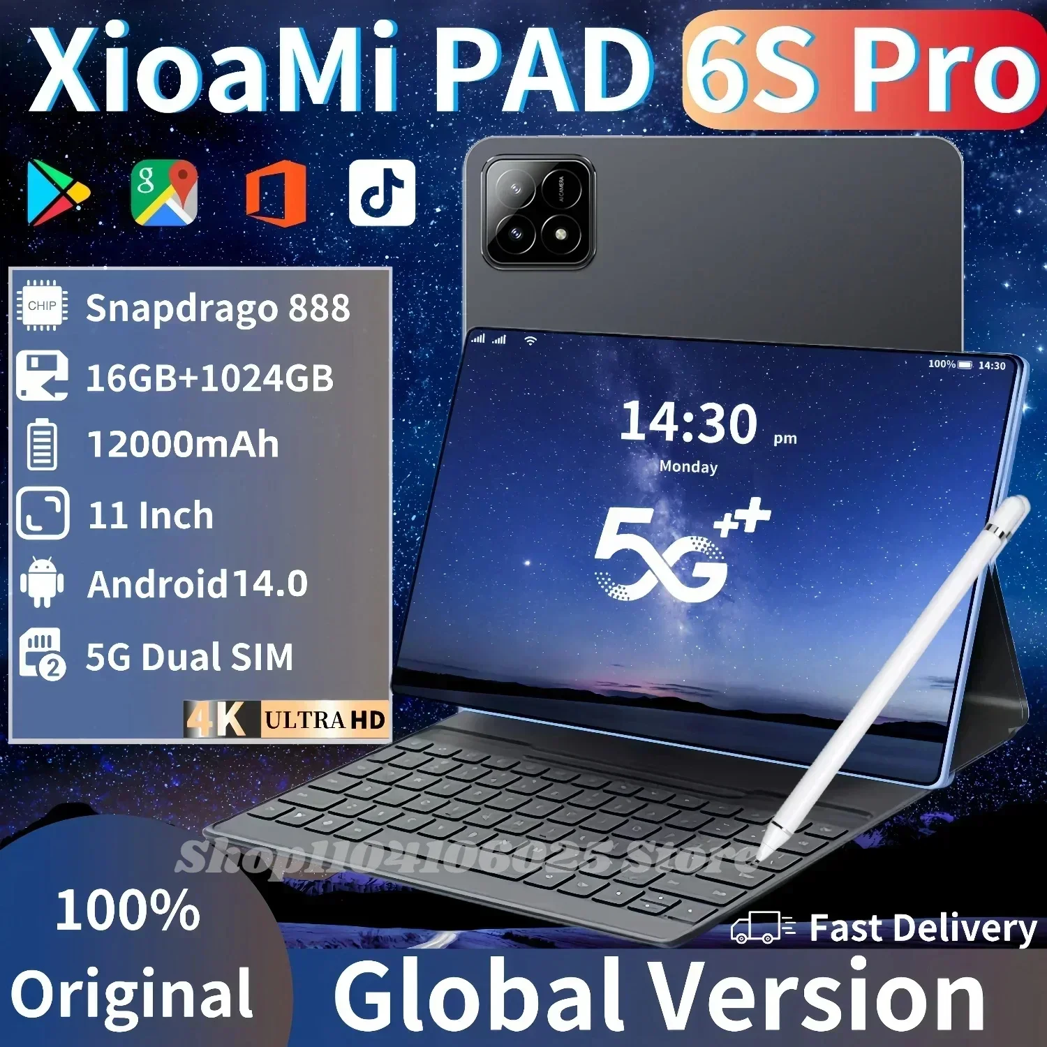Оригинальный планшет Xioami Pad 6S Pro 11 дюймов HD 4K Android 14 16 ГБ + 1 ТБ 12000 мАч телефон с двумя