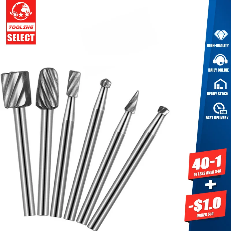 

6pcs Tungsten Steel Rough Tooth Rotary File Set DIY Root Carving Grinding Head Carving Milling Cutter Woodworking Tools