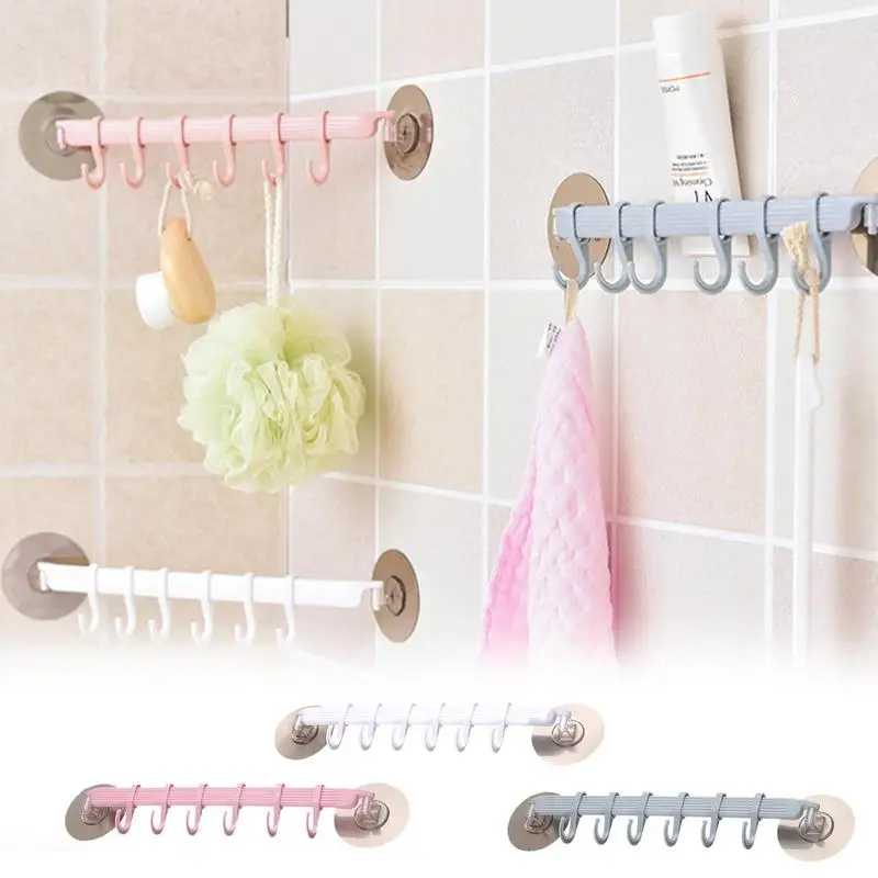 

Six-Row Punch-Free Adhesive Stick on Wall Towel Door Waterproof Bathroom Wall Traceless Hooks for Hangings Clothes Bathroom Hook