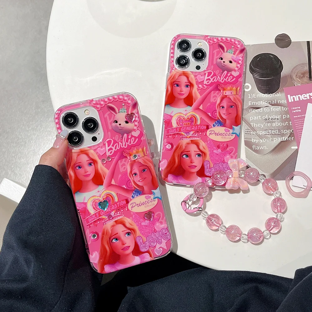 

Cartoon Pink Barbies With Bracelet And Drill Phone Case for IPhone 14 13 12 11 Pro Max Plus 14 Pro Anti-fall Back Cover