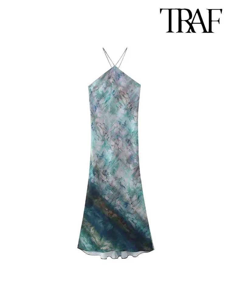 

Летнее женское платье с принтом, воротником-стойкой и открытой спиной