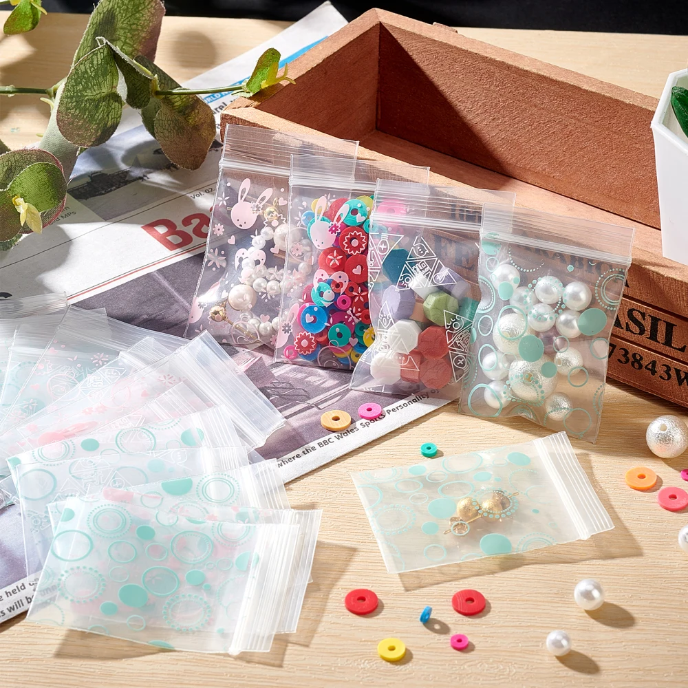 300Pcs Mixed Patterns PE Zip Lock Resealable Bags Mini Self Seal Bag for Jewelry Candy Cookies Snack Storage Packing Pouch