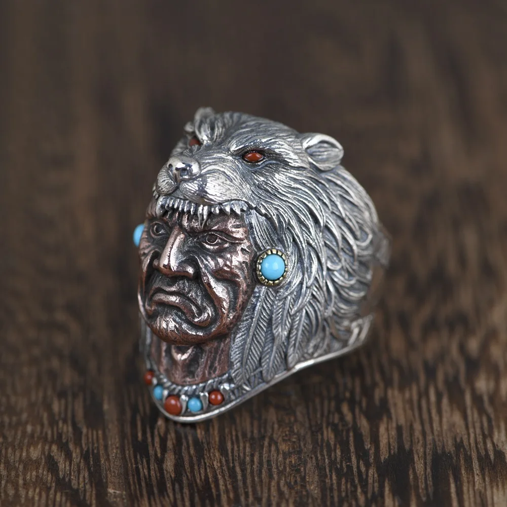 

925 Silver Indian Rings For Men Vintage Retro Type Wolf Head Satan Engraved Red Onyx and Turquoise Stone Setting Jewelry