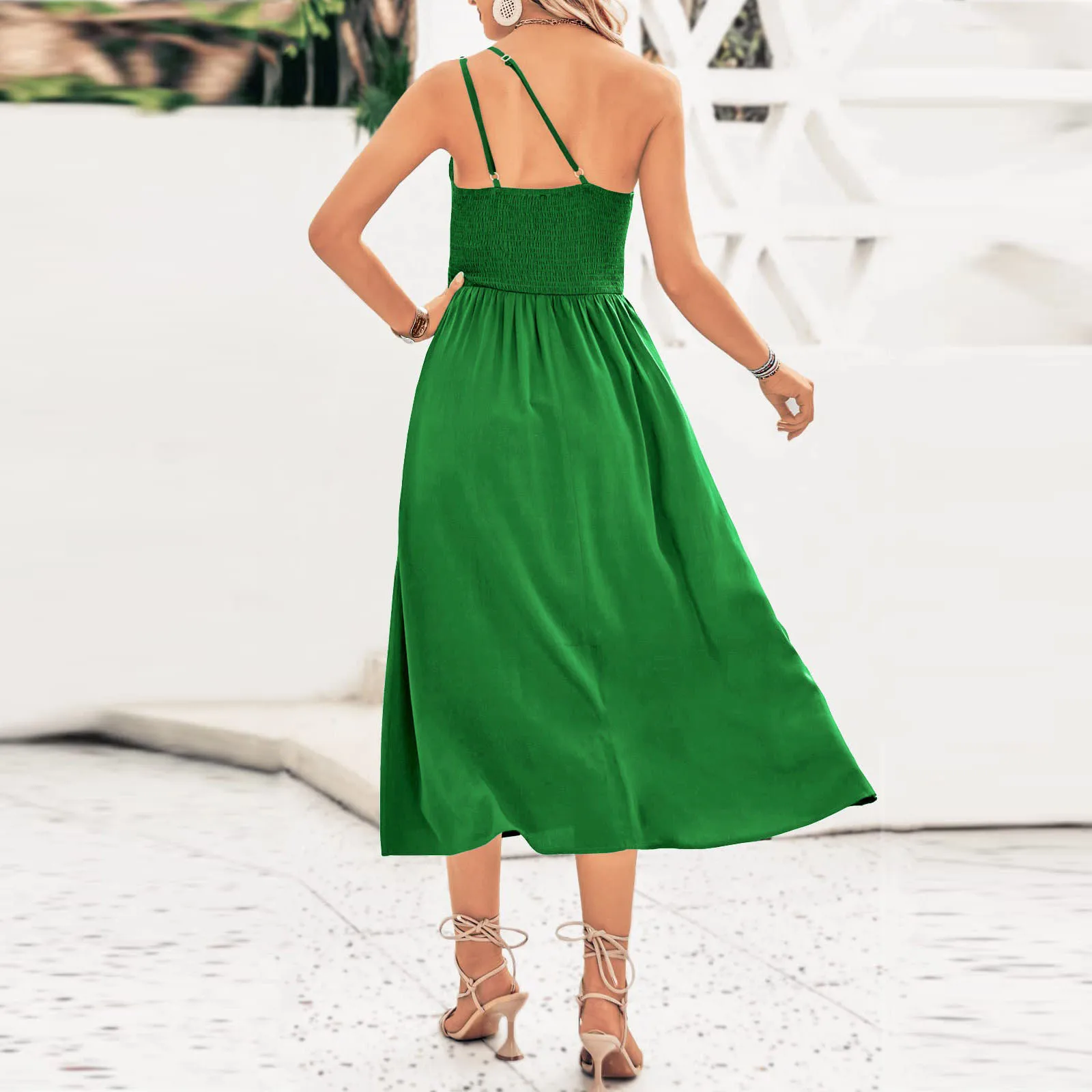 

Women Summer Casual Temperament Solid Color Floral Print Slanted Shoulder Sling Pleated Sleeveless Long Women Maxi Dress Summer