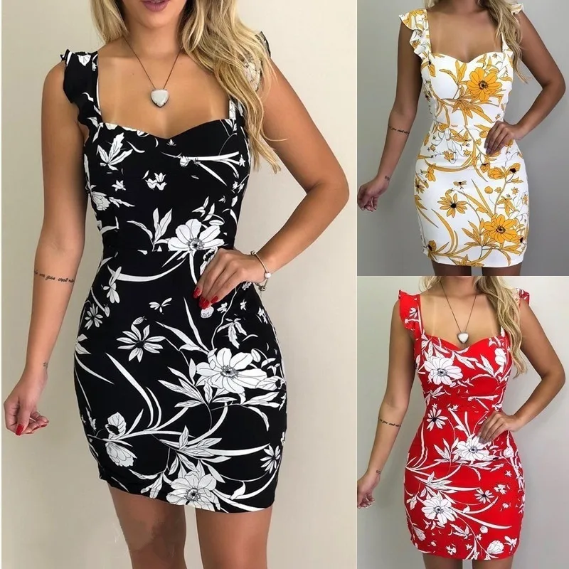 

Summer Sexy Swinging Collar Sling Bodycon Women's Mini Dress 2022 Fashion Package Hip Flowers Print Backless Slim Ladiies Dress