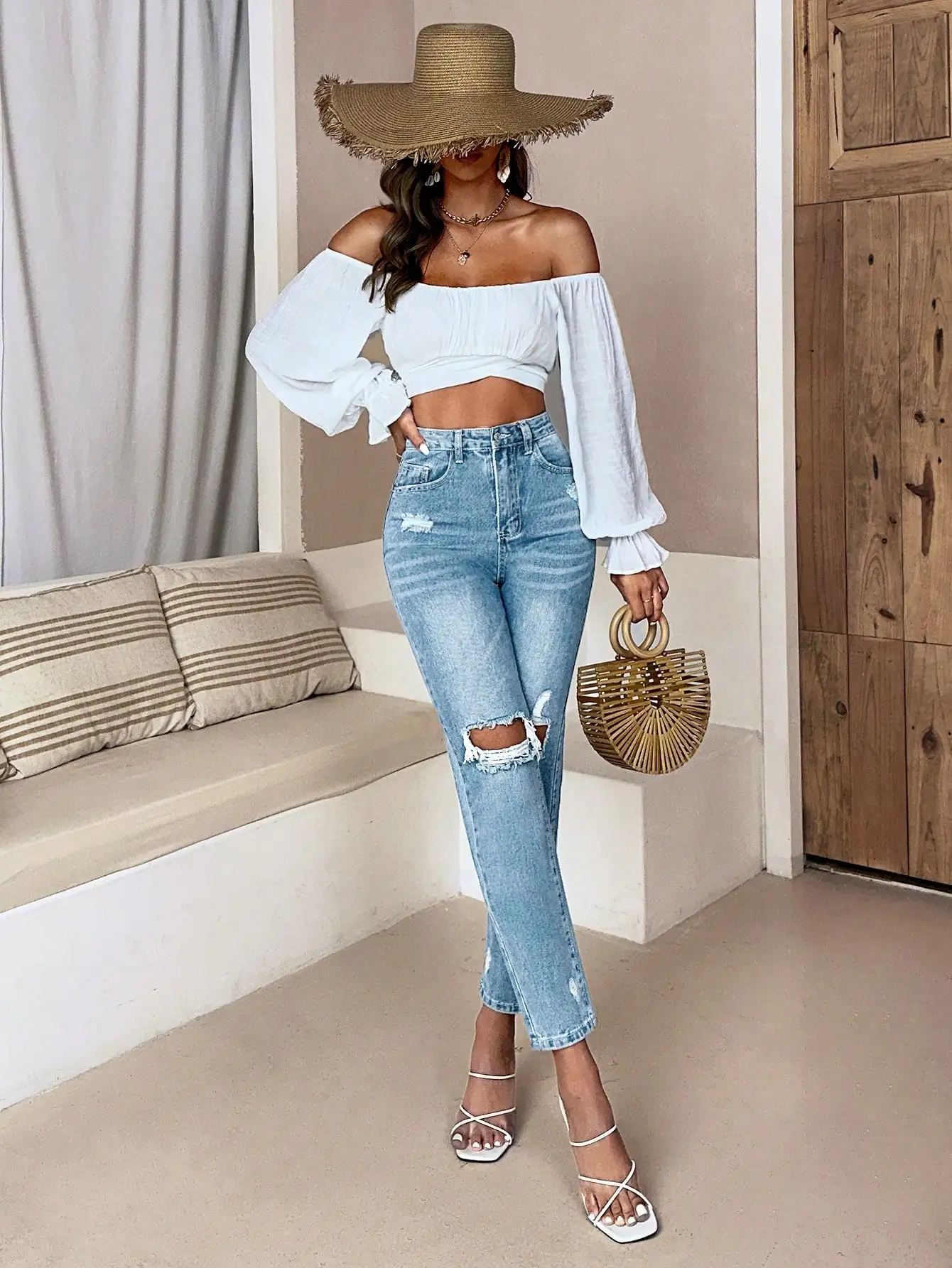 

Ripped Detail Mom Jeans High Waist Ripped Jeans For Women Fashion Loose Denim Wide Leg Pants Casual Female Trousers