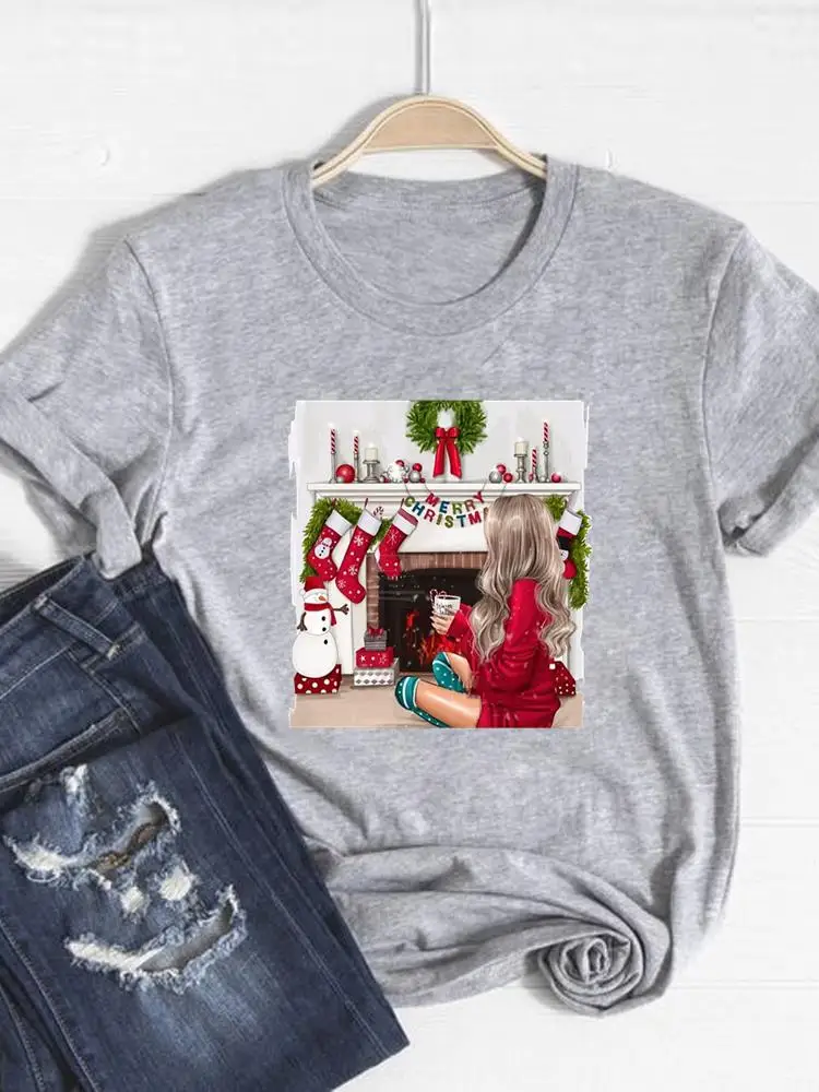 

С Рождеством, с Новым годом, графическая футболка, Женская Акварельная мультяшная Базовая футболка, модная футболка с принтом, одежда, топ, о...