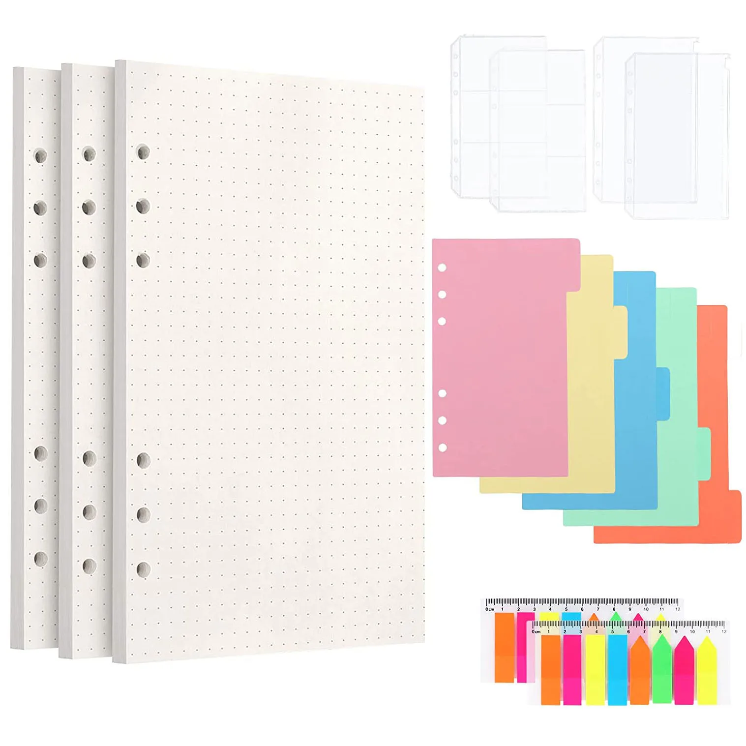 

A6 Refillable Binder Notebook Set with 5 Pcs Dividers, 3 Pack 6 Holes A6 Dotted Paper,4 Binder Pockets,2 Coloured Sticky Notes