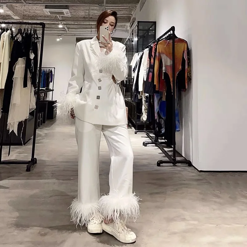 2022 Spring New Fashion Unilateral Hollow Feather Cuff Design Sense Slim Single Breasted Blazer Suit Pants Elegant Outfit Women enlarge