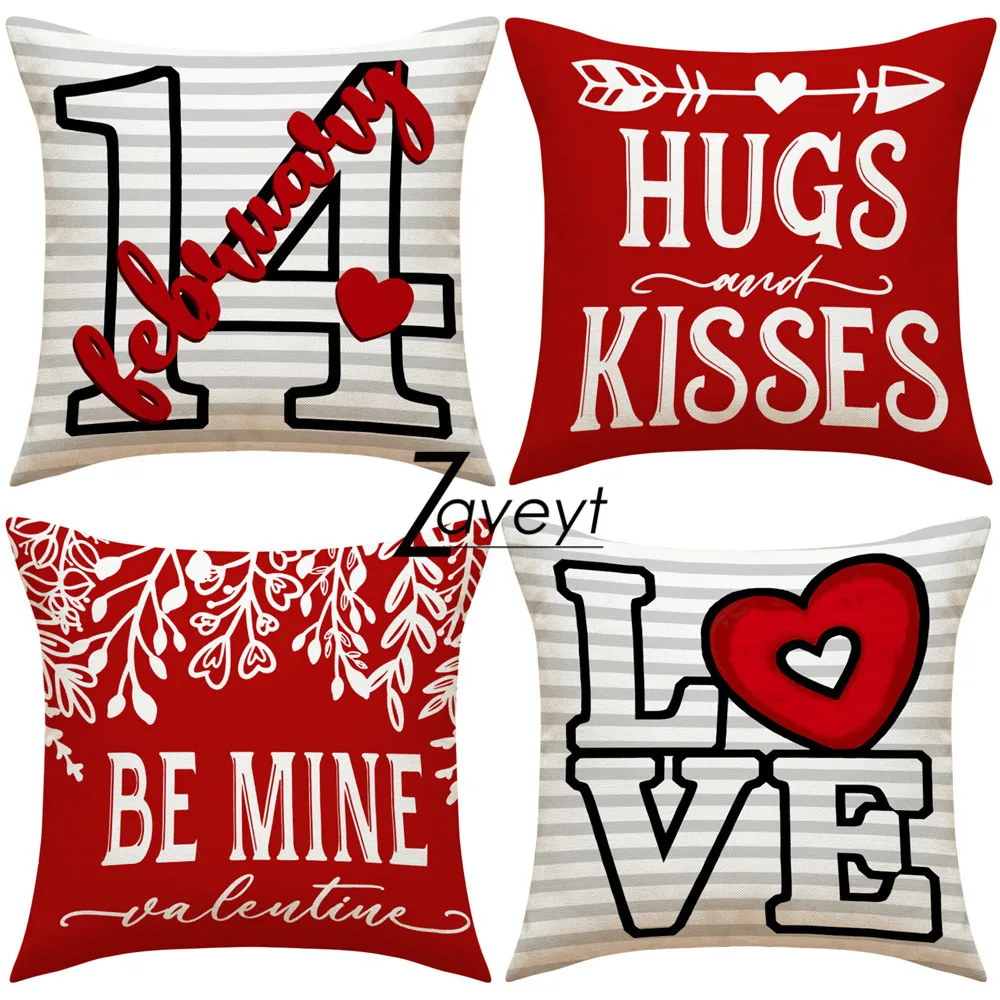 

Red Heart 2.14th Valentine's Day Grey Stripe Throw Pillow Cover Be Mine Hugs Kisses Letter Printed Pillow Case Couple Wedding