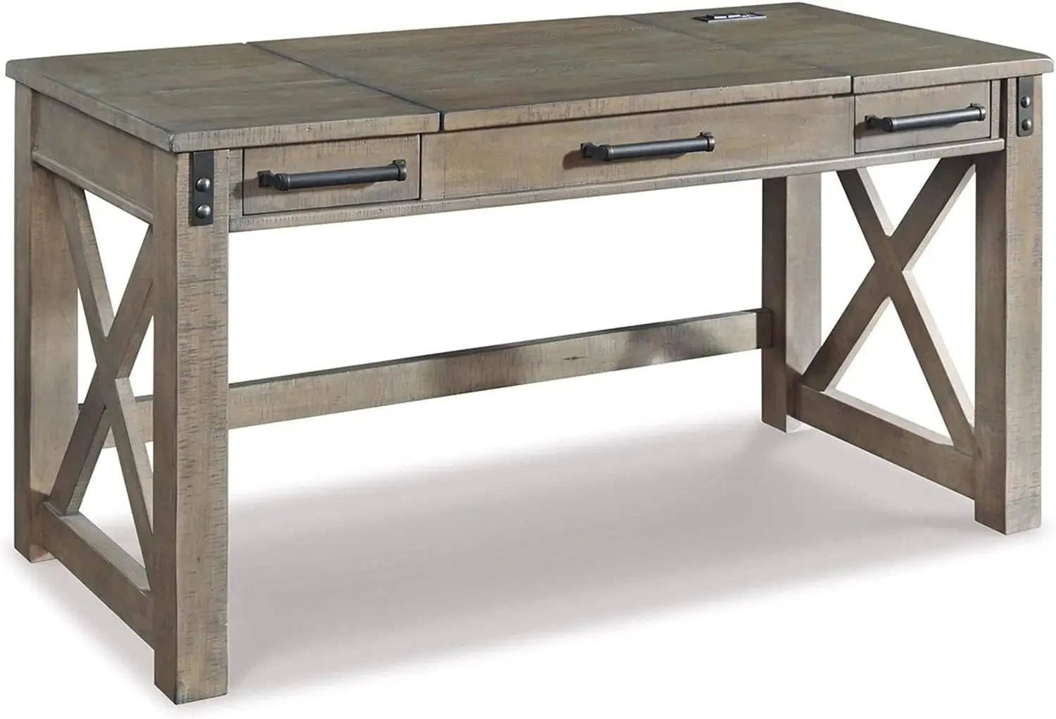 

Rustic Farmhouse 60" Home Office Lift Top Desk with Charging Ports, Distressed Gray