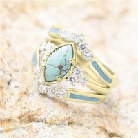 3pcsset silver natural turquoise diamond ring elegant womens tibetan three layer hollow rings fashion wedding bride jewelry